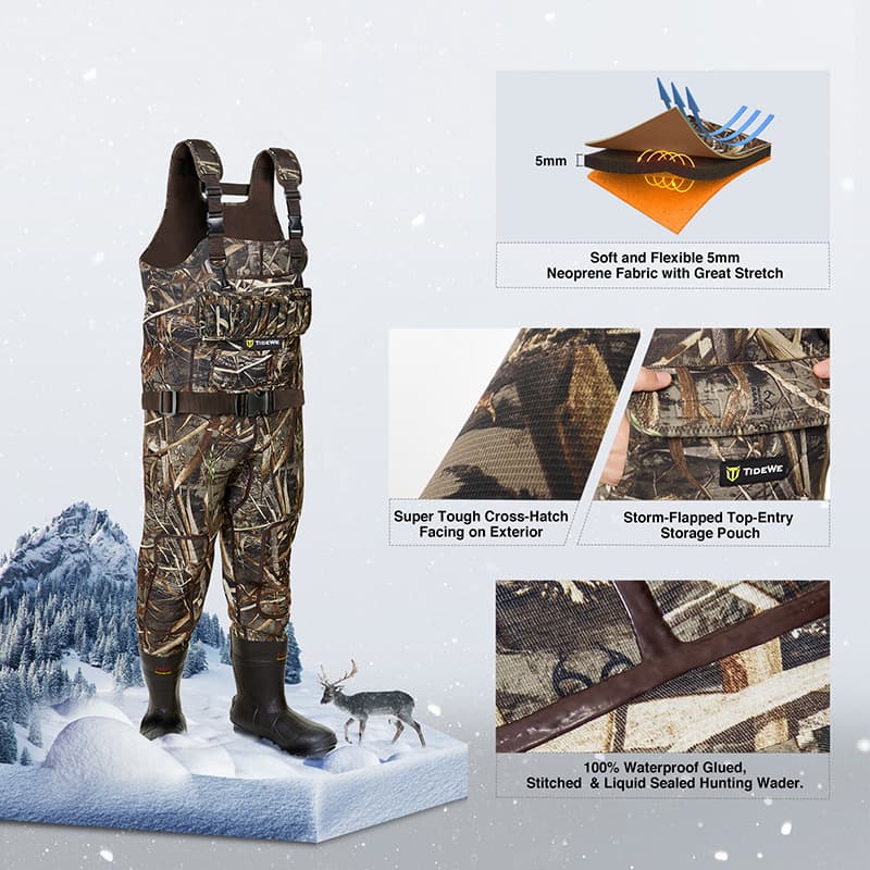 TideWe Hunting Wader 5mm Neoprene Fleece-Lined Chest Waders with 1600 Gram Insulation Rubber Boots