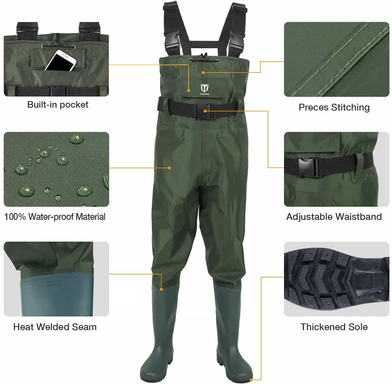 TideWe Fishing Waders PVC Waterproof Chest Wader With Bootfoots