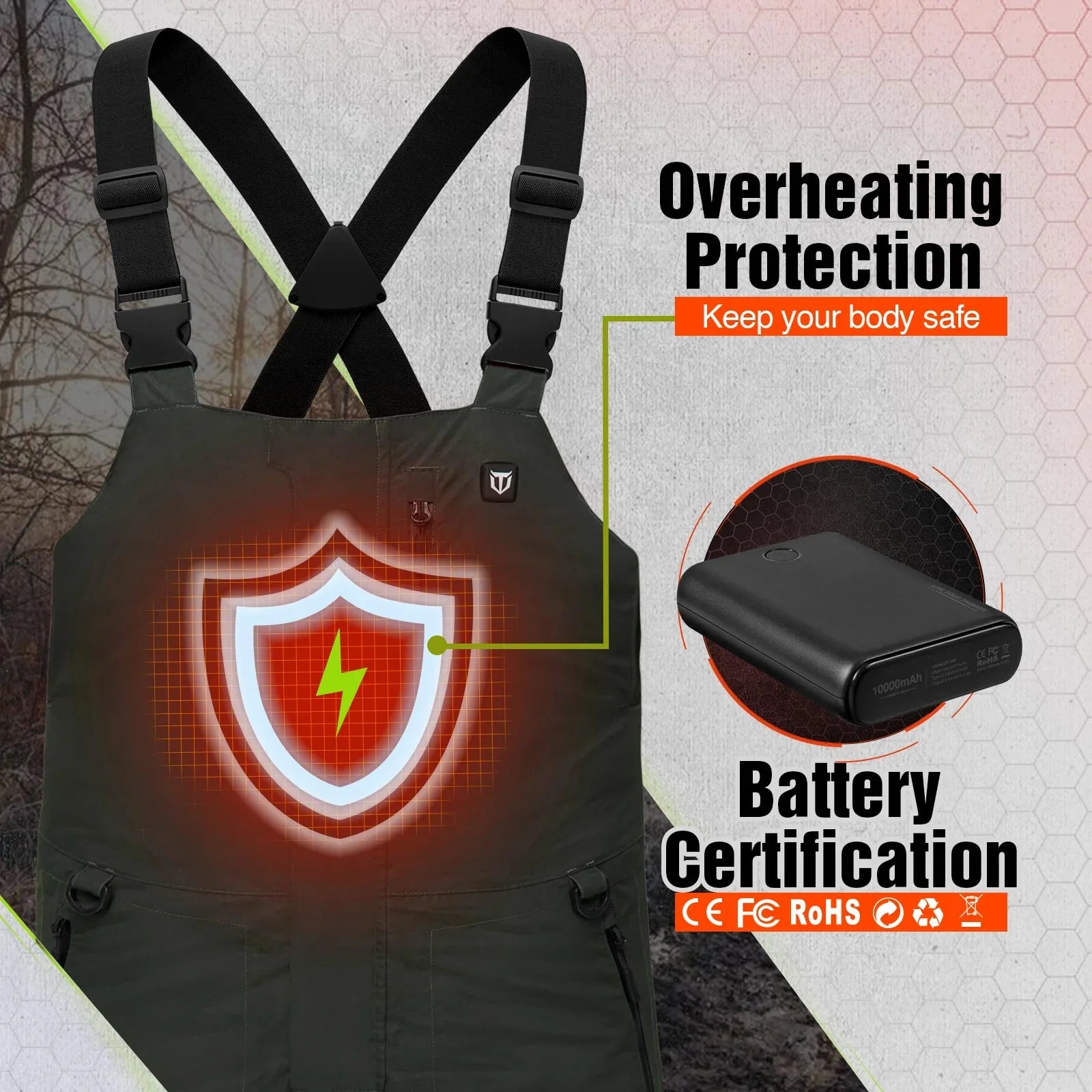 Men’s Insulated Heated  Fishing Waterproof  Bibs with Battery