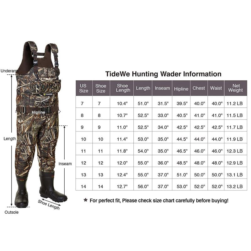 TideWe Hunting Wader 5mm Neoprene Fleece-Lined Chest Waders with 1600 Gram Insulation Rubber Boots