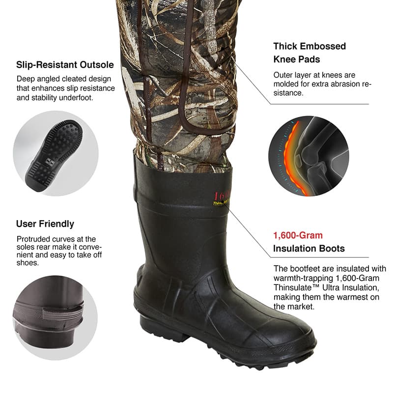 TideWe Hunting Wader 5mm Neoprene Fleece-Lined Chest Waders with 1600 Gram Insulation Rubber Boots