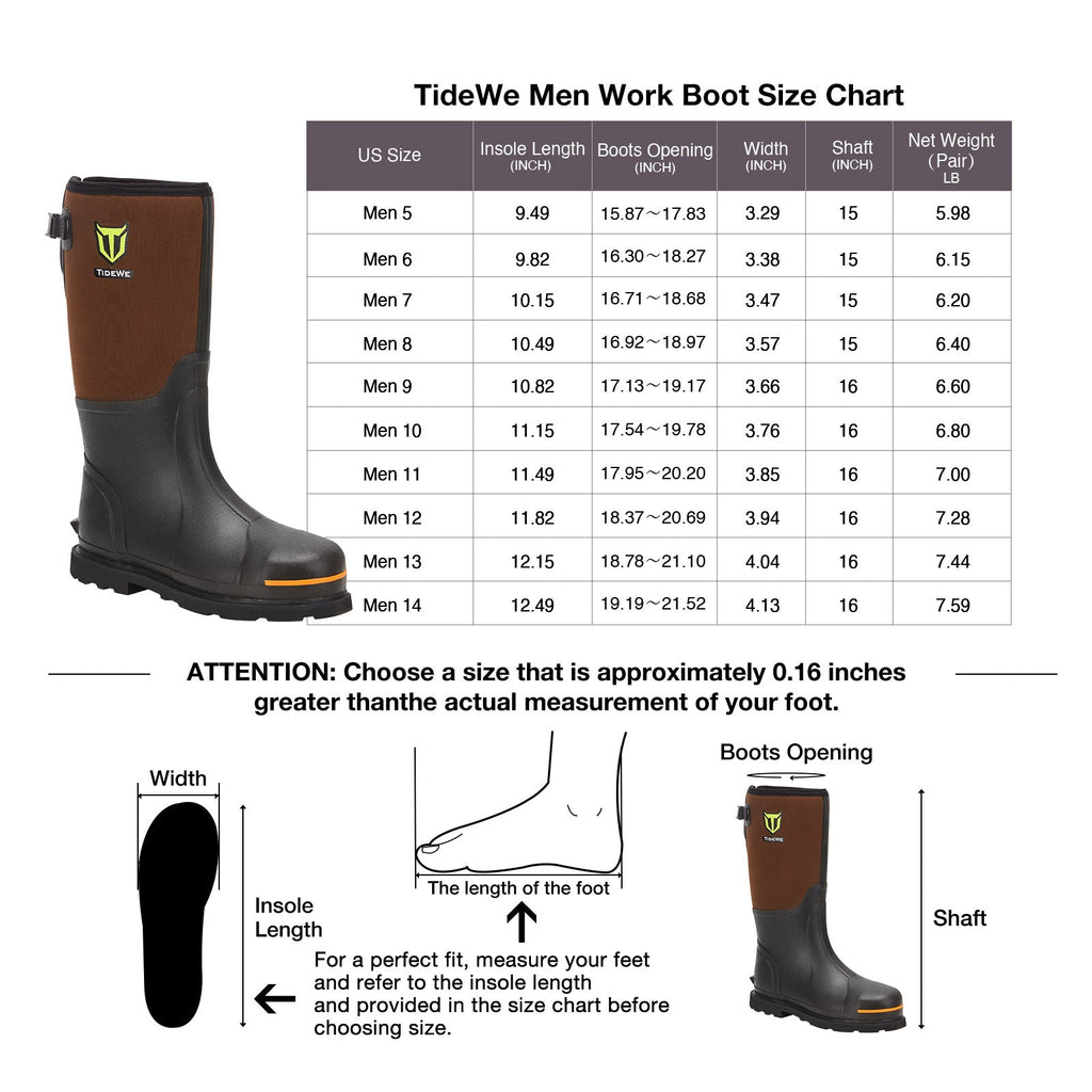 TideWe Rubber Work Boots for Men with Steel Toe & Shank, Waterproof Hunting Boots, Warm 6mm Neoprene Hunting Mud Boot Size 5-14