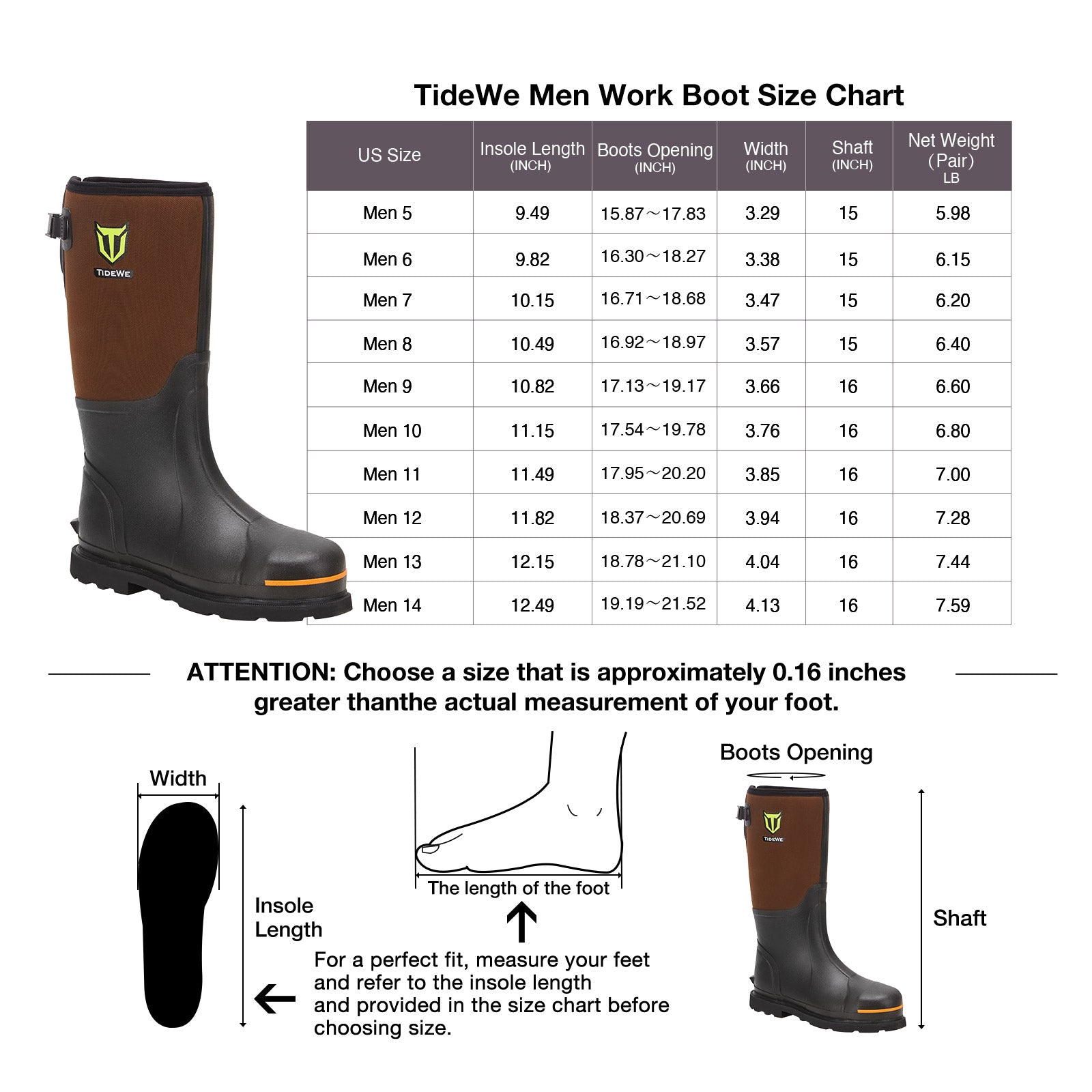 TideWe Rubber Work Boots for Men with Steel Toe & Shank, Waterproof Hunting Boots, Warm 6mm Neoprene Hunting Mud Boot Size 5-14
