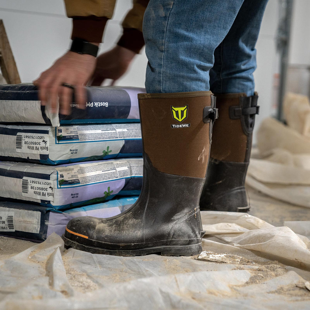 TideWe Rubber Work Boots for Men with Steel Toe & Shank, Waterproof Hunting Boots, Warm 6mm Neoprene Hunting Mud Boot Size 5-14